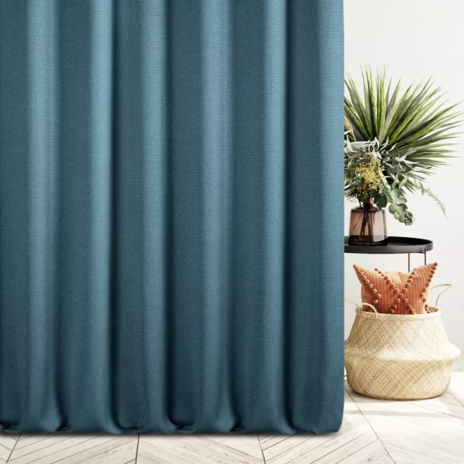 Zasłona szyta na taśmie fala ciemnoniebieska z tkaniny o naturalnym splocie z efektem melanżu