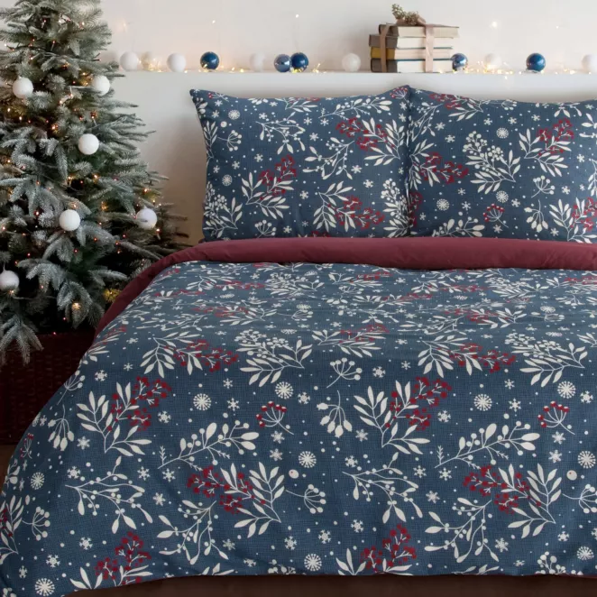 Pościel świąteczna 140x200 cm z bawełny ranforce, kolor granatowy, bordowy zdobiony subtelnym nadrukiem KRISTY Eurofirany