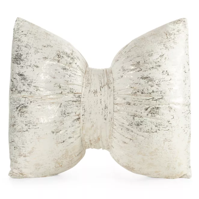 Poduszka 45x55 cm welwetowa kolor kremowy w kształcie kokardy z przecieranym lśniącym nadrukiem KODARDA 1 Eurofirany