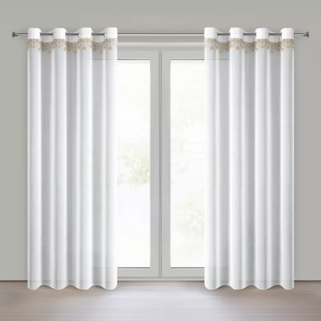 Firana świąteczna biało, złota z etaminy zdobiona aplikacją z motywem gwiazdek 140x250 cm przelotki - XMAS Eurofirany