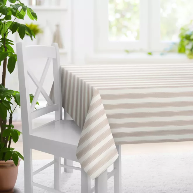 Obrus na wymiar kremowo beżowy z tkaniny o naturalnym splocie z nadrukowanym wzorem w pasy