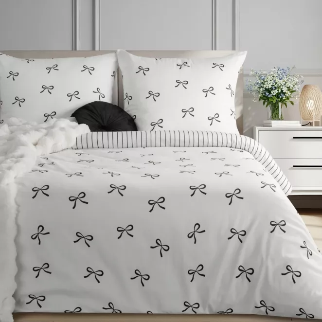 Pościel 140x200 cm komplet 2 częściowy z satyny bawełnianej kolor biało, czarna zdobiona nadrukiem kokardek RAYA 5 Eurofirany