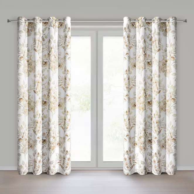 Zasłona beżowo, złota zaciemniająca z roślinnym nadrukiem i błyszczącymi akcentami 140x250 cm przelotki - OLENI Eurofirany