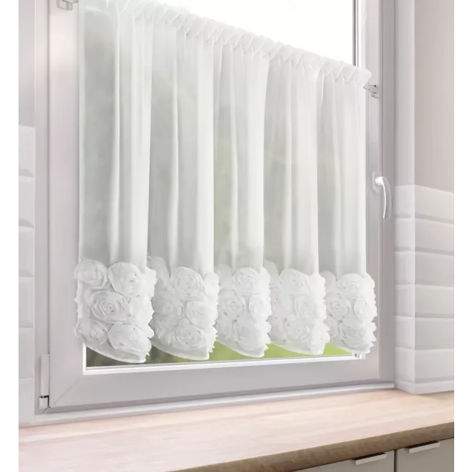 Zazdrostka z szyfonu biała zdobiona pasem aplikacji 3D róż 90x150 cm taśma ROSES Eva Minge Eurofirany