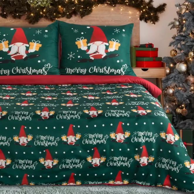 Pościel świąteczna 160x200 cm kolor zielony, czerwony zdobiona uroczym motywem skrzatów GALDOR Eurofirany