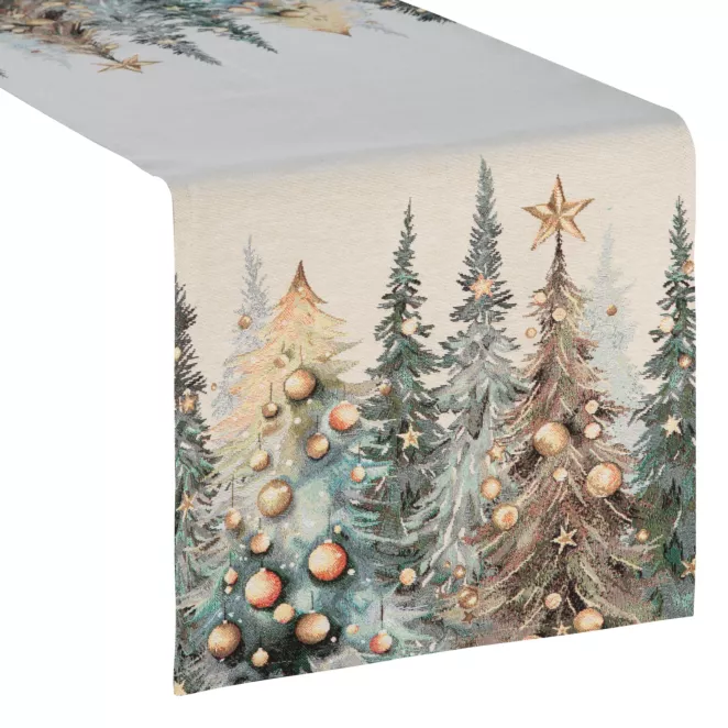 Świąteczny bieżnik naturalno, zielony 40x100 cm gobelinowy zdobiony tkanym motywem choinek Eurofirany