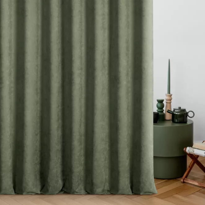 Zasłona szyta na flexach DORA - HIT szałwiowa z miękkiej tkaniny o welurowej strukturze