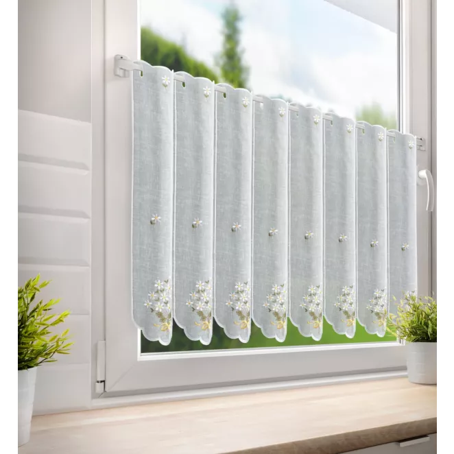 Tkanina firanowa zazdrostka zdobiona haftem w stokrotki Eurofirany