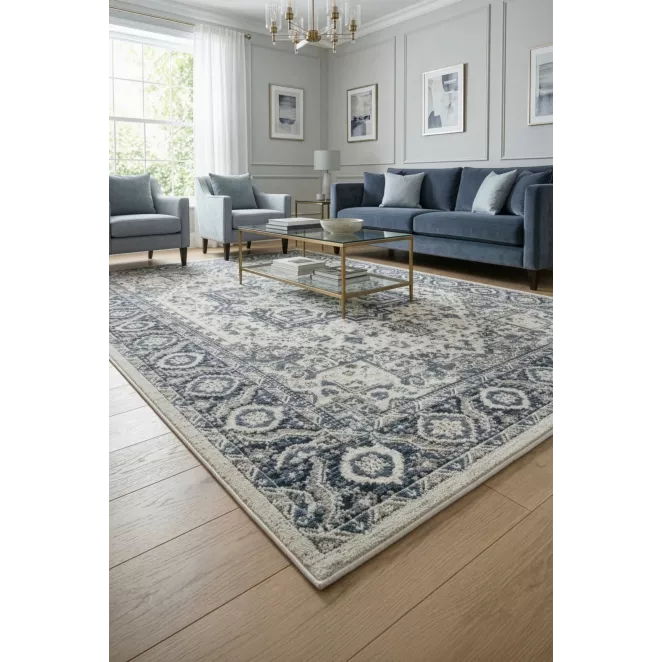 Dywan 60x100 cm niebiesko, kremowy z klasycznym wzorem w stylu vintage ELORA 2 Eurofirany