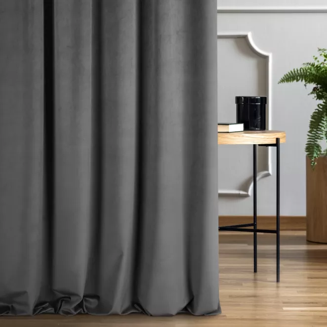 Zasłona szyta na taśmie fala ENYA grafitowa z miękkiej półmatowej tkaniny welwetowej