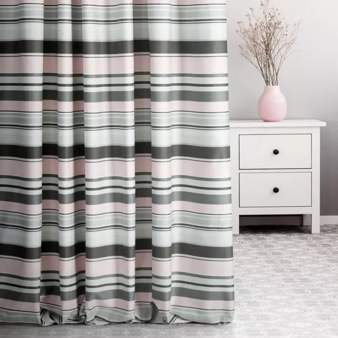 Zasłona szyta na taśmie fala MAINCY popielata z tkaniny bawełnianej w kolorowe pasy
