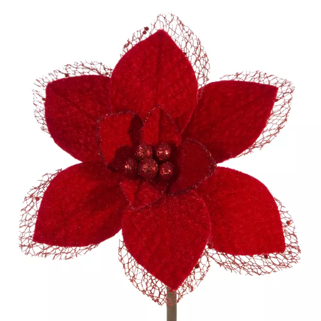 Czerwony kwiat na choinkę z welwetu zdobiony siateczką 16 cm Eurofirany