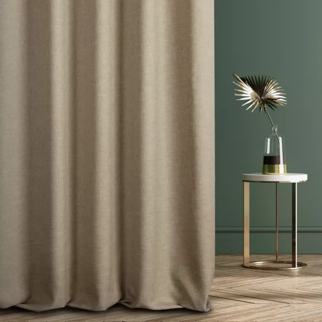 Zasłona szyta na flexach GEONOA ciemnokremowa z miękkiej tkaniny o naturalnym charakterze z widocznym ozdobnym splotem
