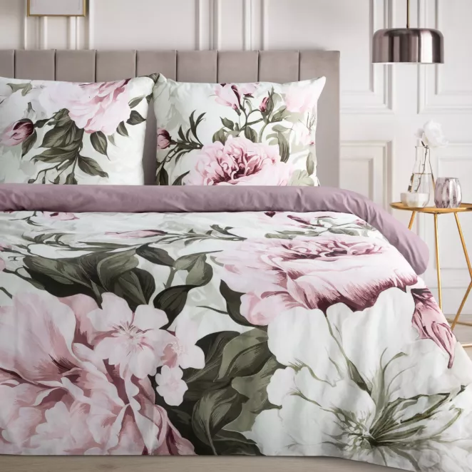 Pościel 140x200 cm komplet 2 częściowy z bawełny kolor wrzosowo biały z motywem peoni - PEONY Eurofirany