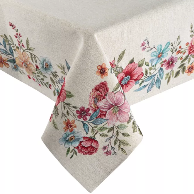 Obrus na stół naturalno, różowy gobelinowy zdobiony motywem kwiatów Eurofirany