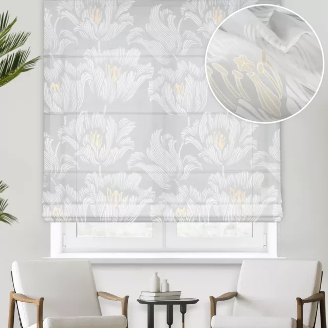 Roleta rzymska naturalna burnout z miękkiej tkaniny wiskozowej w kwiatowy wzór, wykończona obciążnikiem