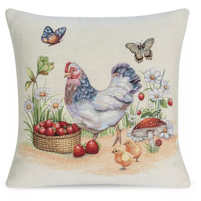 Poszewka na poduszkę 45x45 cm gobelinowa naturalno czerwona z tkanym motywem kury Eurofirany