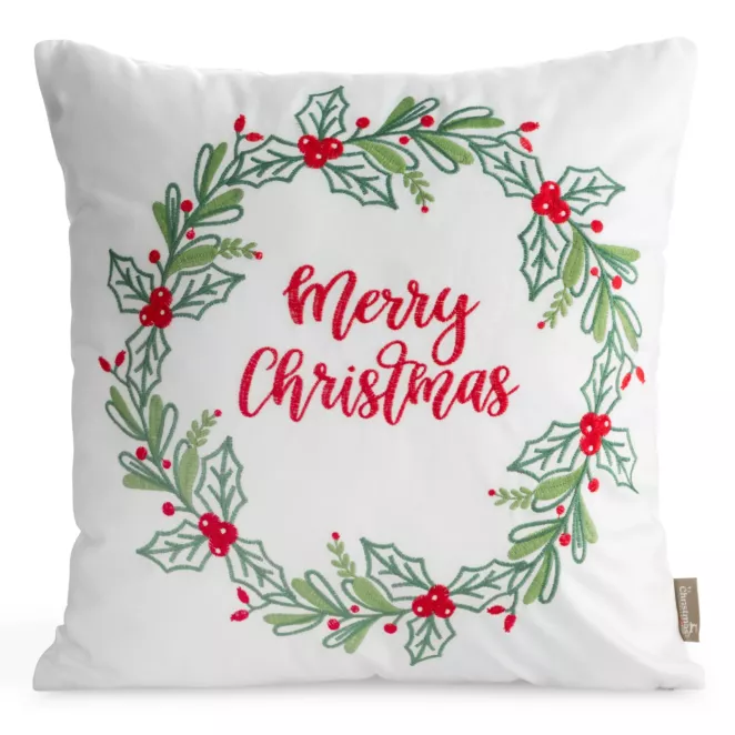 Poszewka na poduszkę świąteczna 45x45 cm  welwetowa biało, zielona  zdobiona haftem Eurofirany