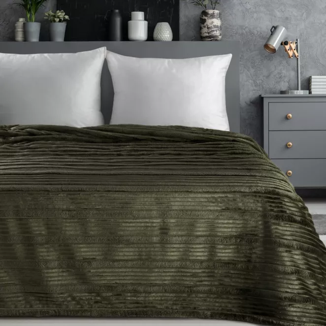 Koc 200x220 cm oliwkowy, typu flano z wzorem 3D NINA Eurofirany