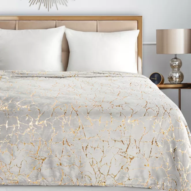 Koc 150x200 cm srebrno, złoty z połyskującym nadrukiem marmurku GLAMO Design 91 Eurofirany