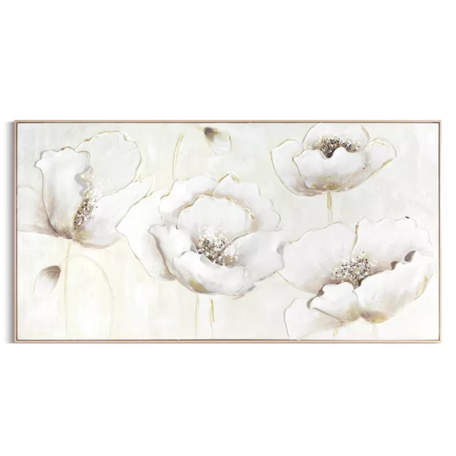 Obraz kremowo, złoty ręcznie malowany z kwiatowym motywem oprawiony w ramę 72x142 cm Eurofirany