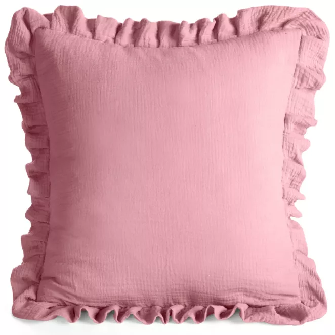 Poszewka na poduszkę 45x45 cm muślinowa z ozdobną falbanką na brzegach różowa MUŚLIN 1 Eurofirany
