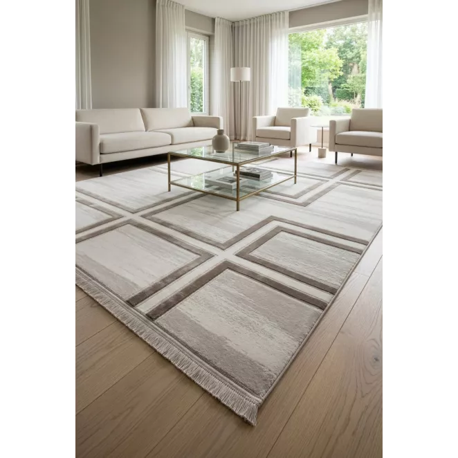 Dywan 60x100 cm jasnokremowo, beżowy zdobiony geometrycznym wzorem AURA12 Eurofirany