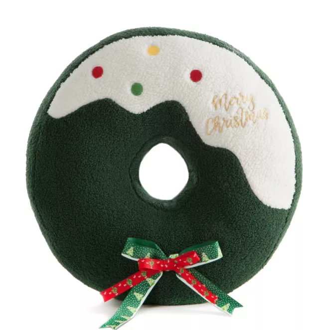 Poduszka świąteczna w kształcie pączka z dziurką 36x36 cm zielono, kremowa z tkaniny typu bukla Eurofirany