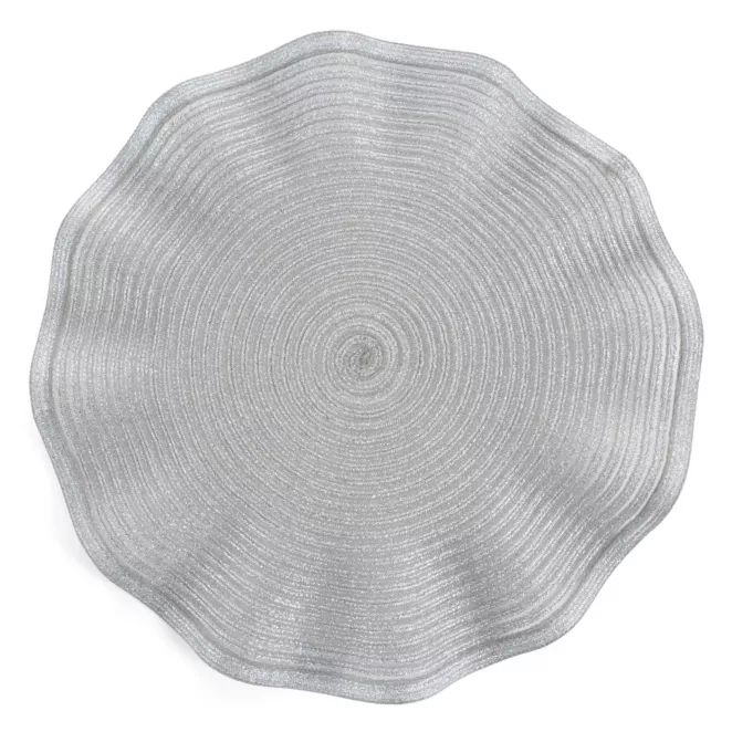 Podkładka okrągła na stół srebrna średnica 38 cm JUNE pleciona o falistych brzegach Eurofirany