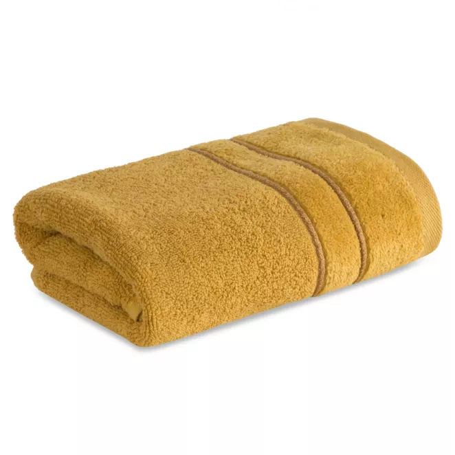 Ręcznik kąpielowy 50x90 cm bawełniany kolor musztardowy z welwetową bordiurą i kontrastującymi paseczkami 500 g/m2 SIBEL Eurofirany