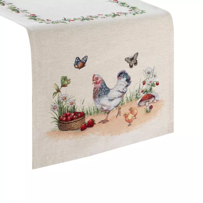 Bieżnik na stół naturalno, zielony 45x140 cm gobelinowy z motywem wiejskim Eurofirany