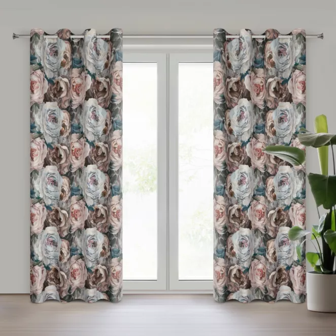 Zasłona GALIA w stylu eko zdobiona matowy nadrukiem kwiatów Eurofirany