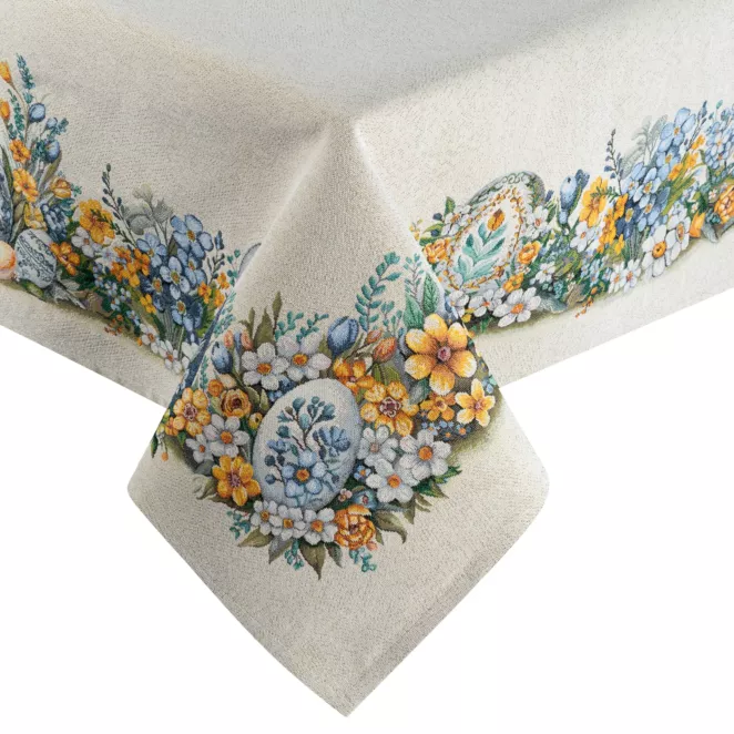 Wielkanocny obrus naturalno, niebieski 140x180 cm gobelinowy zdobiony tkanym motywem świątecznym Eurofirany