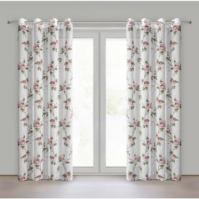 Zasłona biało, różowa z etaminy zdobiona nadrukiem pnących kwiatów 135x250 cm przelotki - RUTH Eurofirany