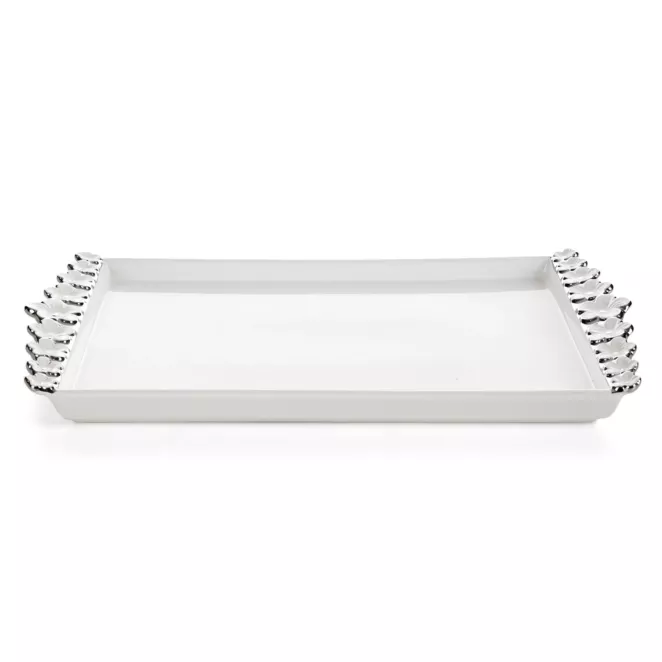 Patera dekoracyjna biało, srebrna zdobiona metalicznymi kwiatami 39x22x3 cm ARIANA Eurofirany