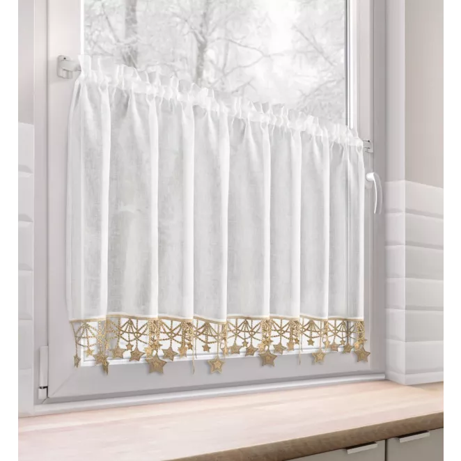 Zazdrostka świąteczna biało, złota z etaminy zdobiona luźno zwisającymi gwiazdkami 150x60 cm tunel - XMAS Eurofirany