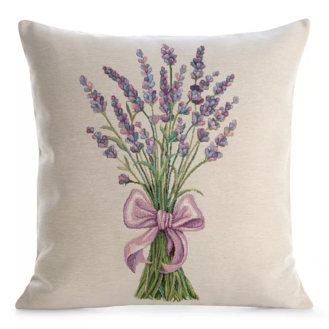 Poszewka na poduszkę 45x45 cm bawełniana, gobelinowa naturalno, zielona z nadrukiem lawendy GOBELIN Eurofirany