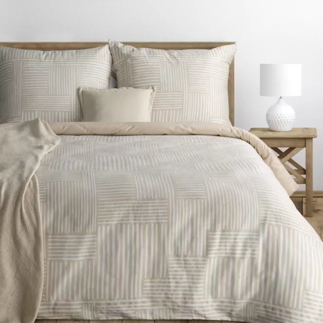 Pościel 140x200 cm komplet 2 częściowy satyna bawełniana kolor biało, beżowy z geometrycznym motywem SPRING 80 Eurofirany