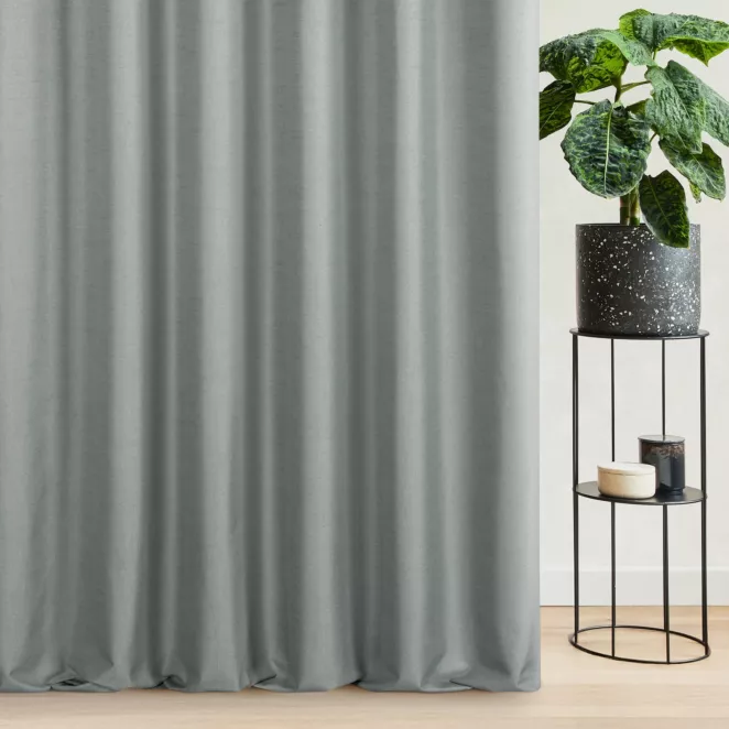Zasłona szyta na flexach szara z tkaniny blackout zaciemniającej w 100% o naturalnej strukturze
