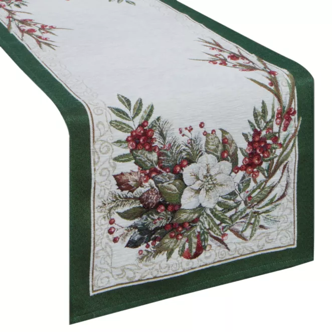 Świąteczny bieżnik kolor naturalno, zielony 45x140 cm szenilowy tkany motywem świątecznym Eurofirany