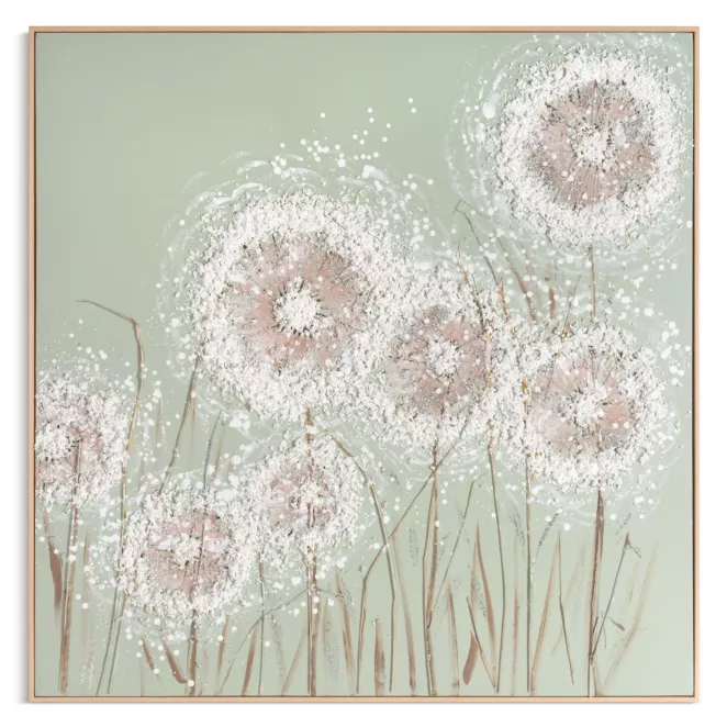 Obraz 3D z dmuchawcami kremowy, jasnozielony ręcznie malowany oprawiony w ramę 102x102 cm Eurofirany