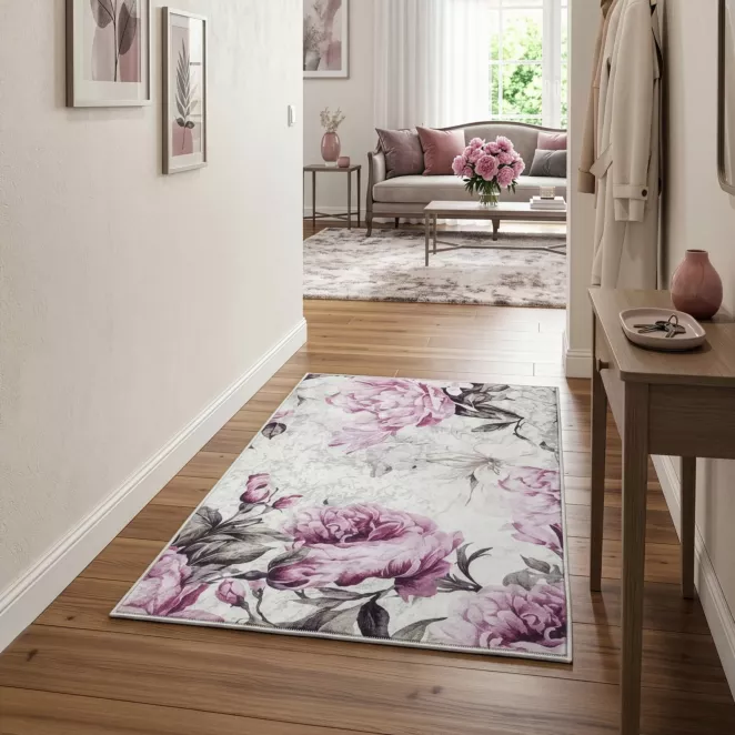 Dywan 120x160 cm różowo, kremowy z motywem kwiatu peonii LOTUS 2 Eurofirany