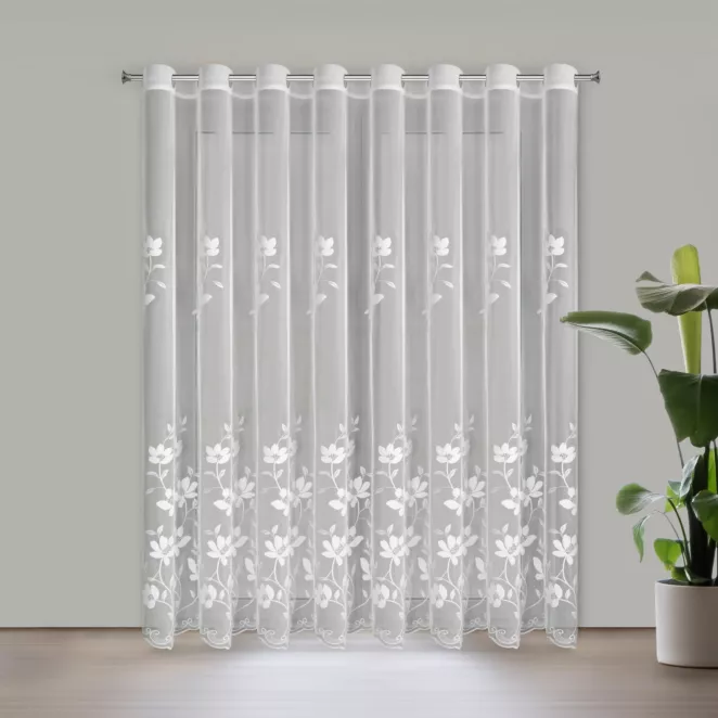 Firana biała SANDI z tkaniny typu peru zdobiona haftem 350x250 cm przelotka - SANDI Eurofirany