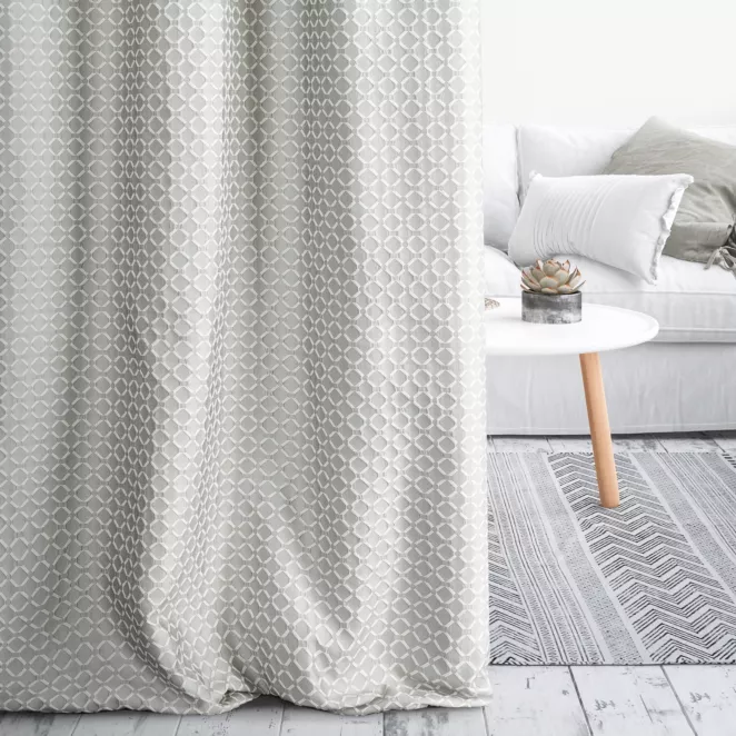 Zasłona szyta na taśmie fala MANSION srebrna z matowej naturalnej tkaniny w drobny geometryczny wzór