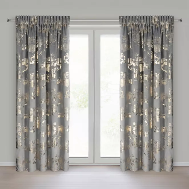 Zasłona stalowo, szampańska zdobiona nadrukiem błyszczących kwiatów 140x270 cm taśma - CELIA Eurofirany