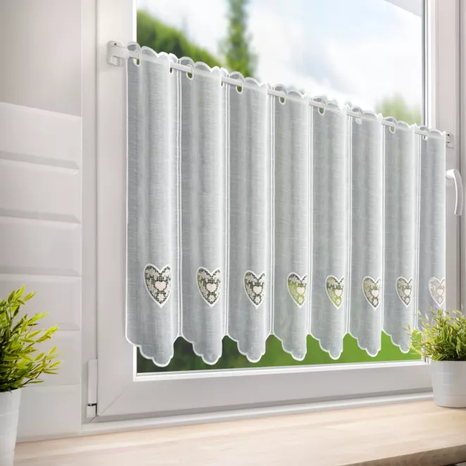 Tkanina firanowa zazdrostka zdobiona haftem w serca Eurofirany