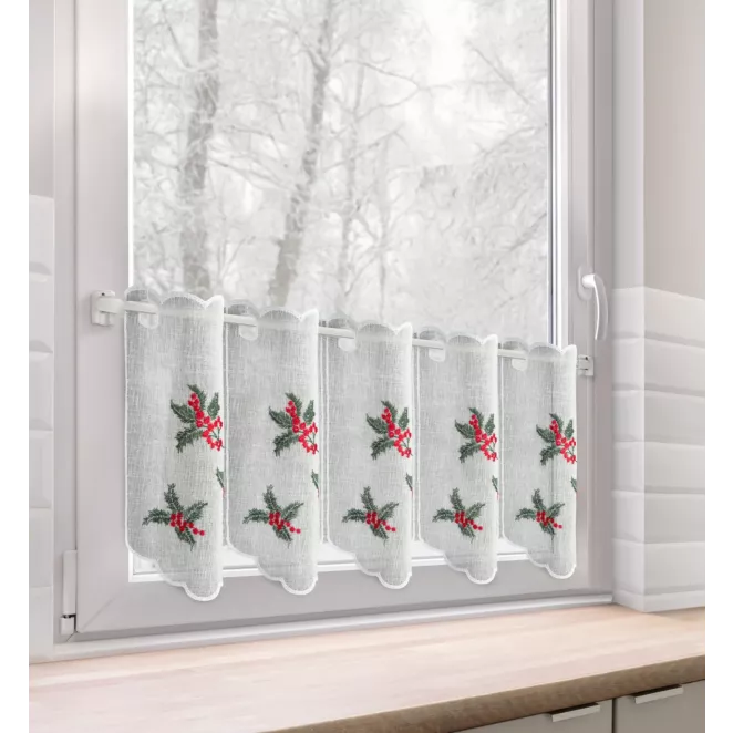 Tkanina firanowa zazdrostka z haftem świątecznym z motywem ostrokrzewu Eurofirany
