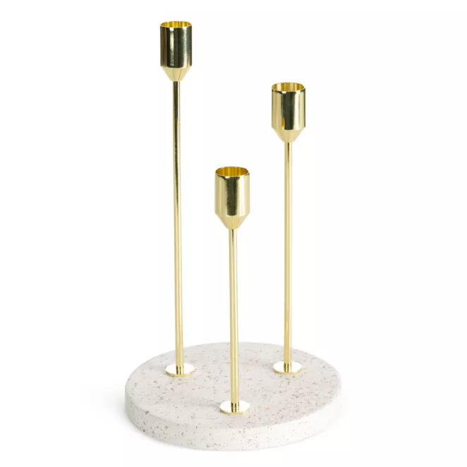 Świecznik dekoracyjny złoto, kremowy o smukłych nóżkach i kamiennej podstawie średnica 15x26 cm KORI Eurofirany