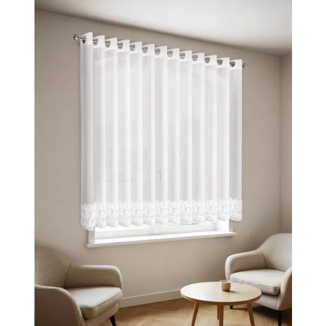 Firana biała z szyfonu zdobiona aplikacją 3D w róże 400x160 cm przelotka - ROSES - Eva Minge Eurofirany