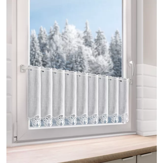 Tkanina firanowa zazdrostka z ażurowym haftem świątecznym w formie dzwoneczków Eurofirany